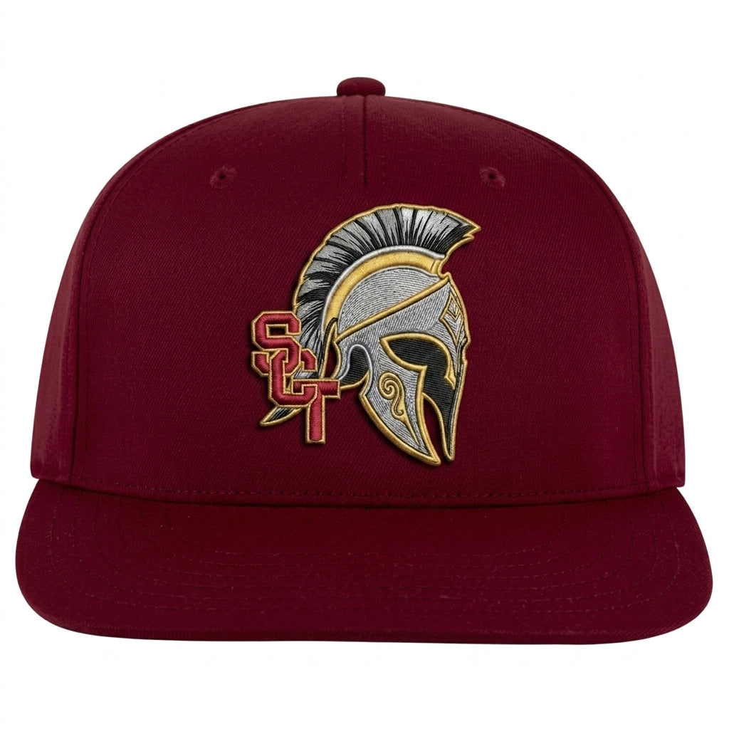 Siskiyou Trojans SCT crest on Crimson snapback-5panel-pro (front view)