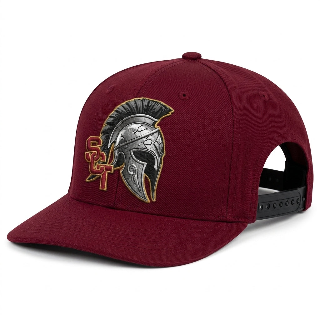 Siskiyou Trojans SCT crest on Crimson snapback-5panel-pro (side view)