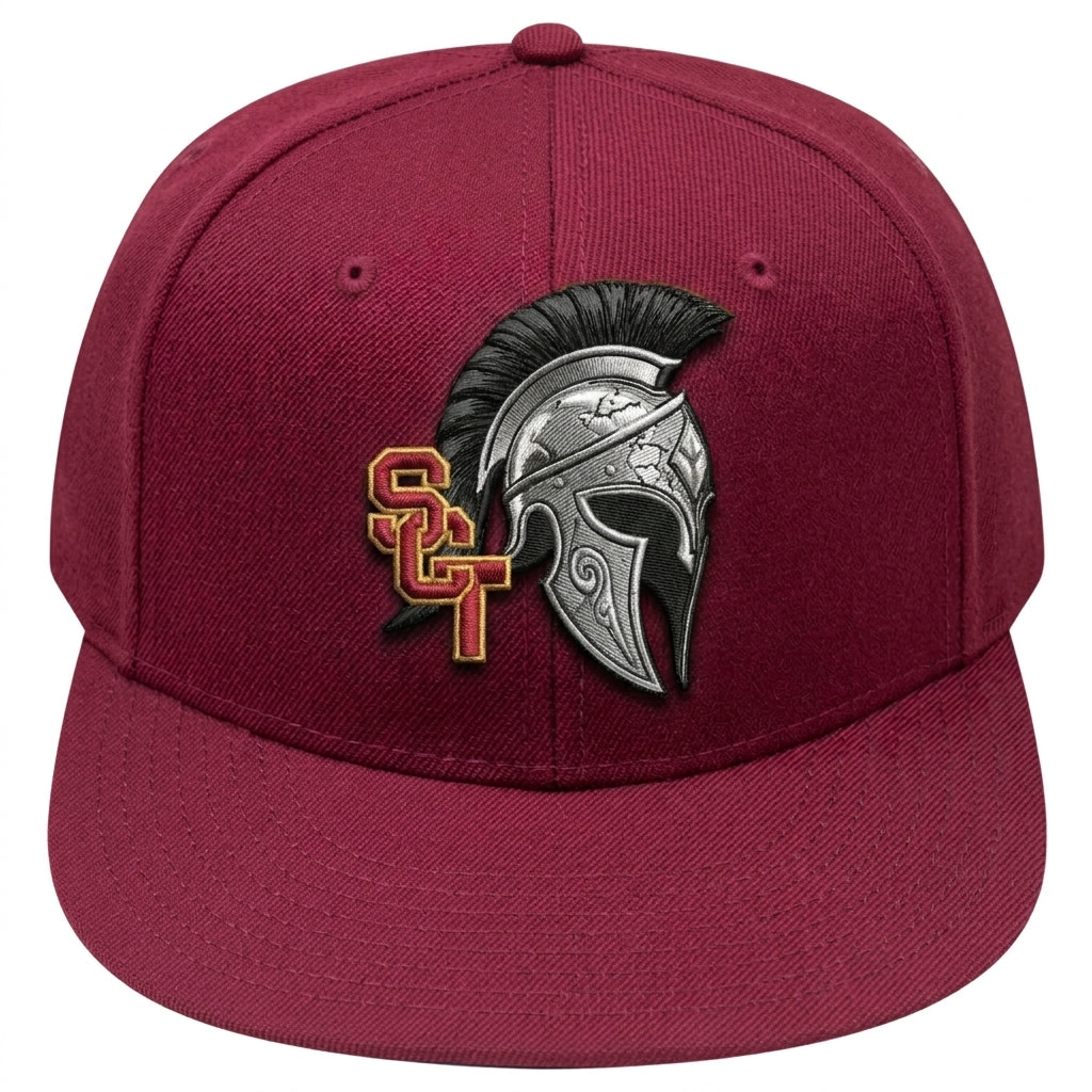 Siskiyou Trojans SCT crest on Crimson snapback-6panel-mid (front view)