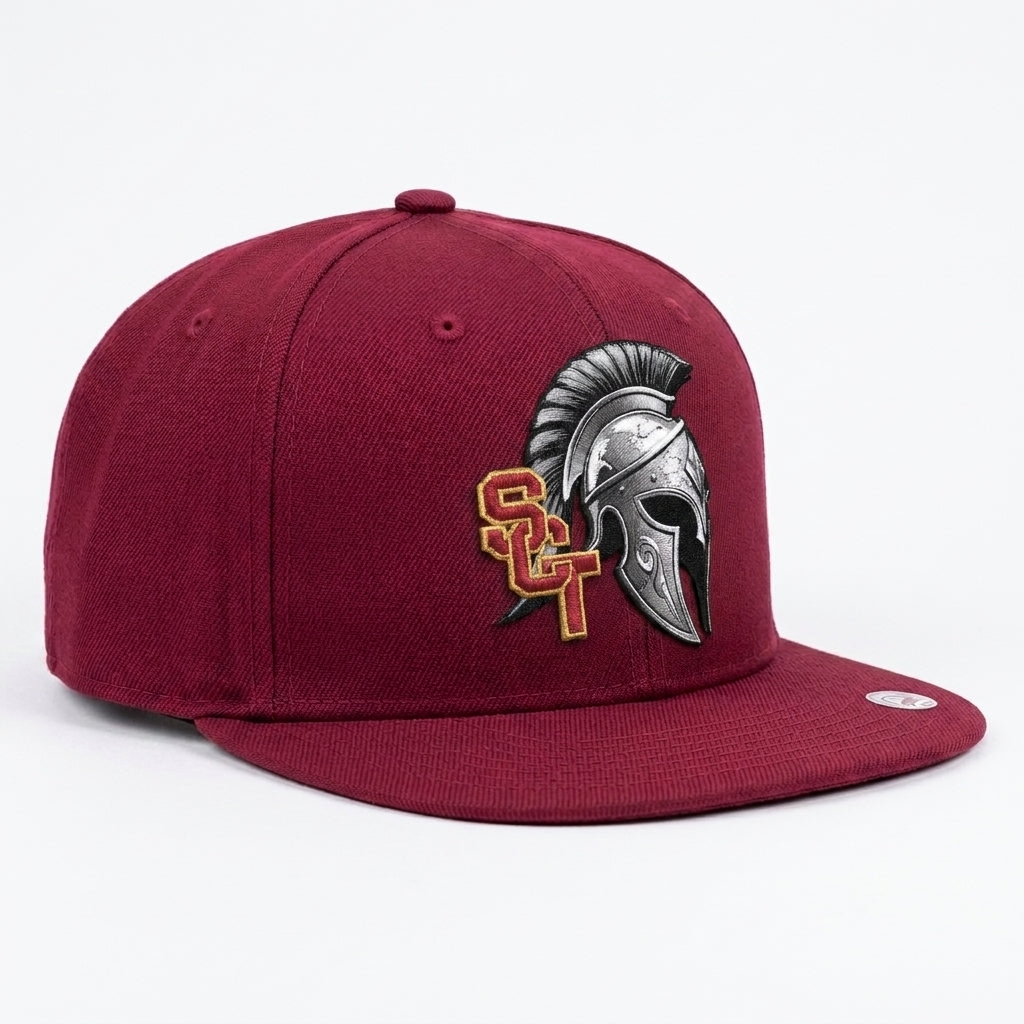Siskiyou Trojans SCT crest on Crimson snapback-6panel-mid (side view)