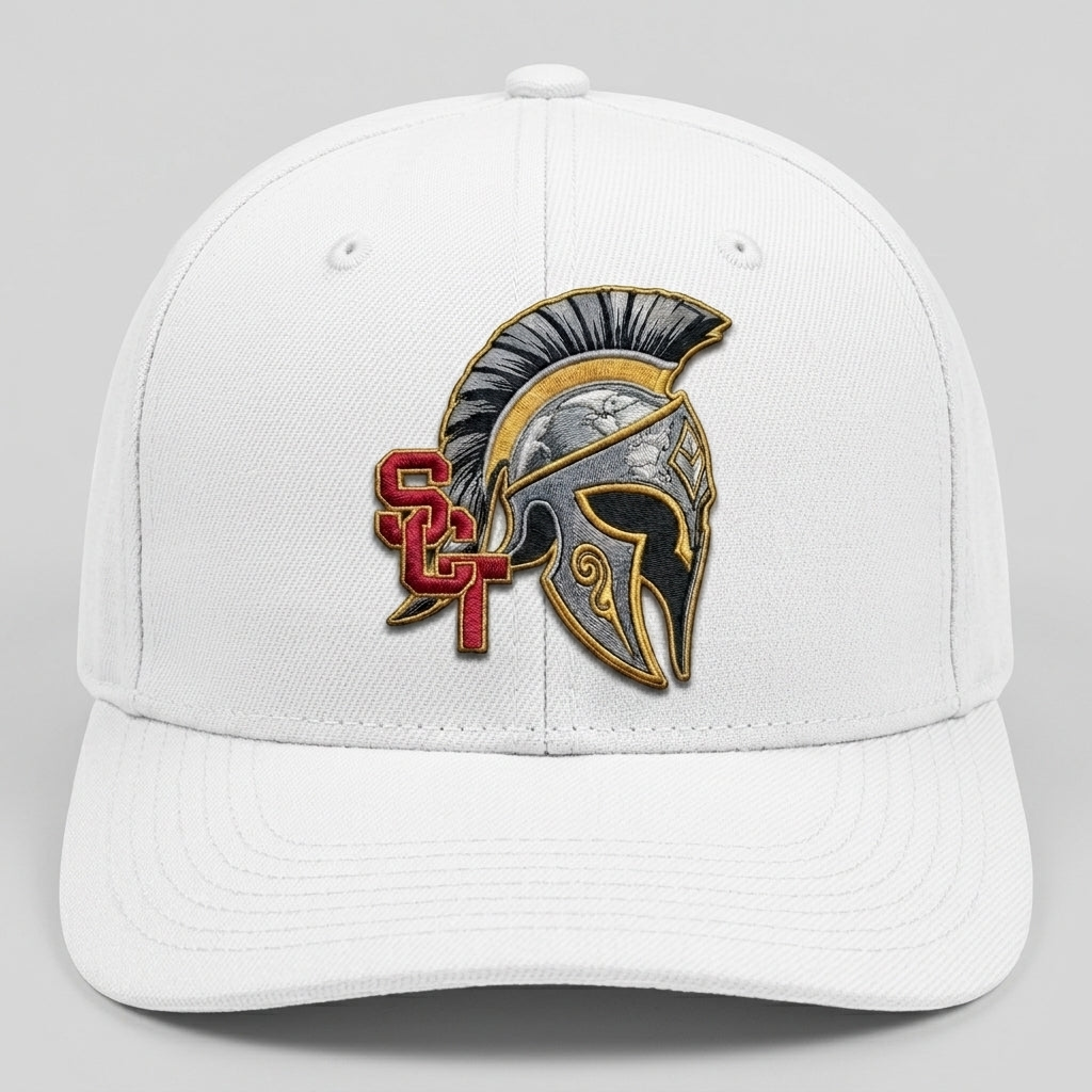 Siskiyou Trojans SCT crest on White snapback-6panel-mid (front view)