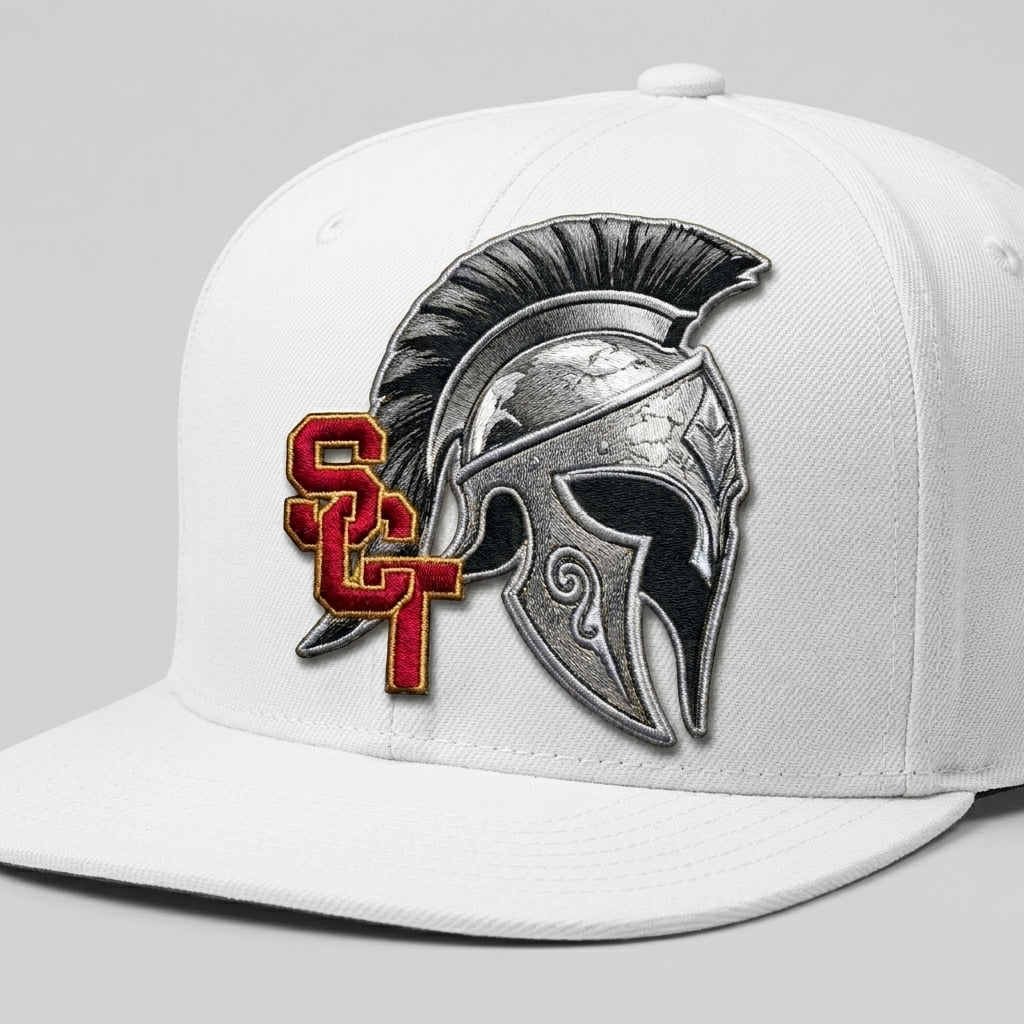 Siskiyou Trojans SCT crest on White snapback-6panel-mid (side view)
