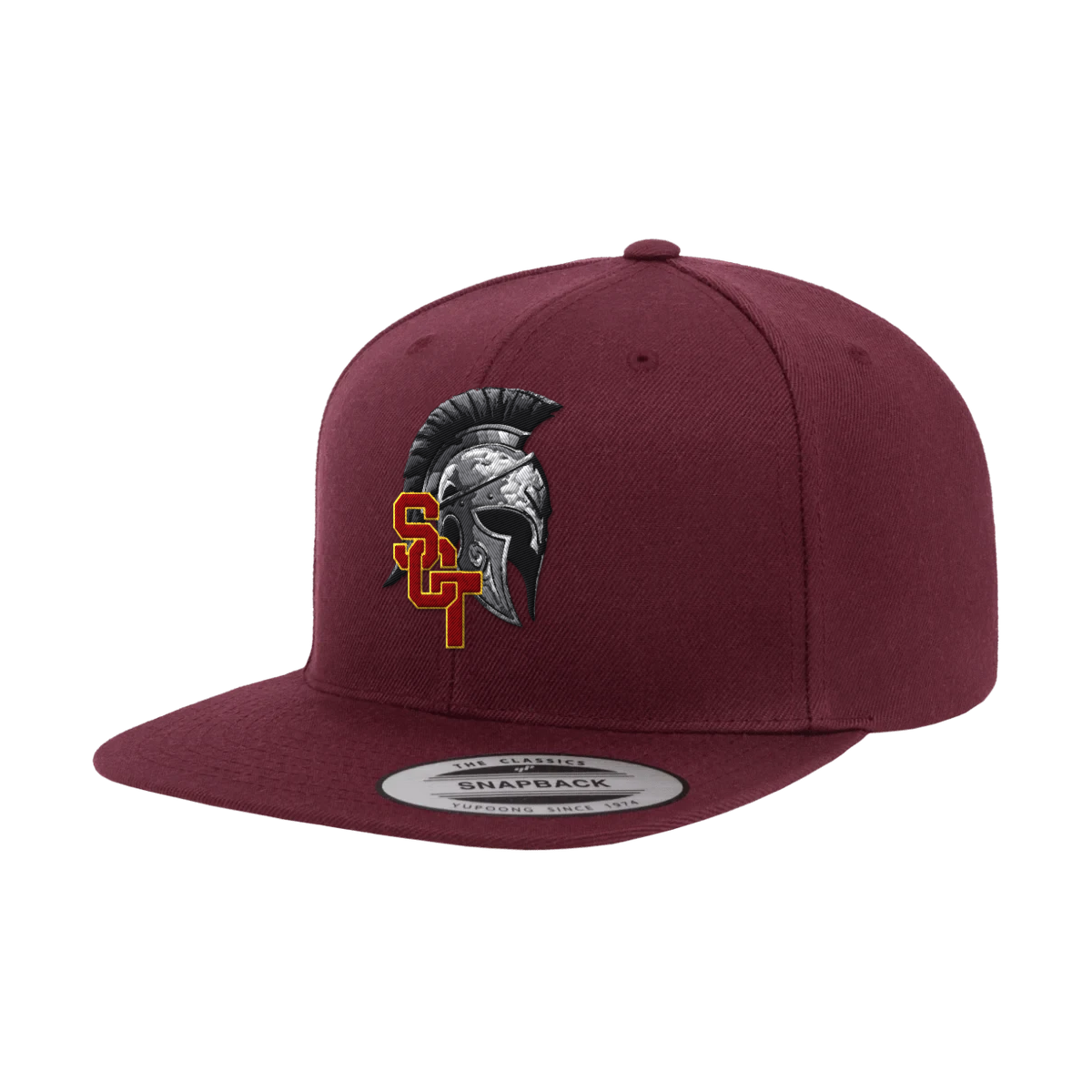 Siskiyou Trojans structured snapback in maroon, front view, with the Trojan helmet and interlocking SCT logo on the front panels