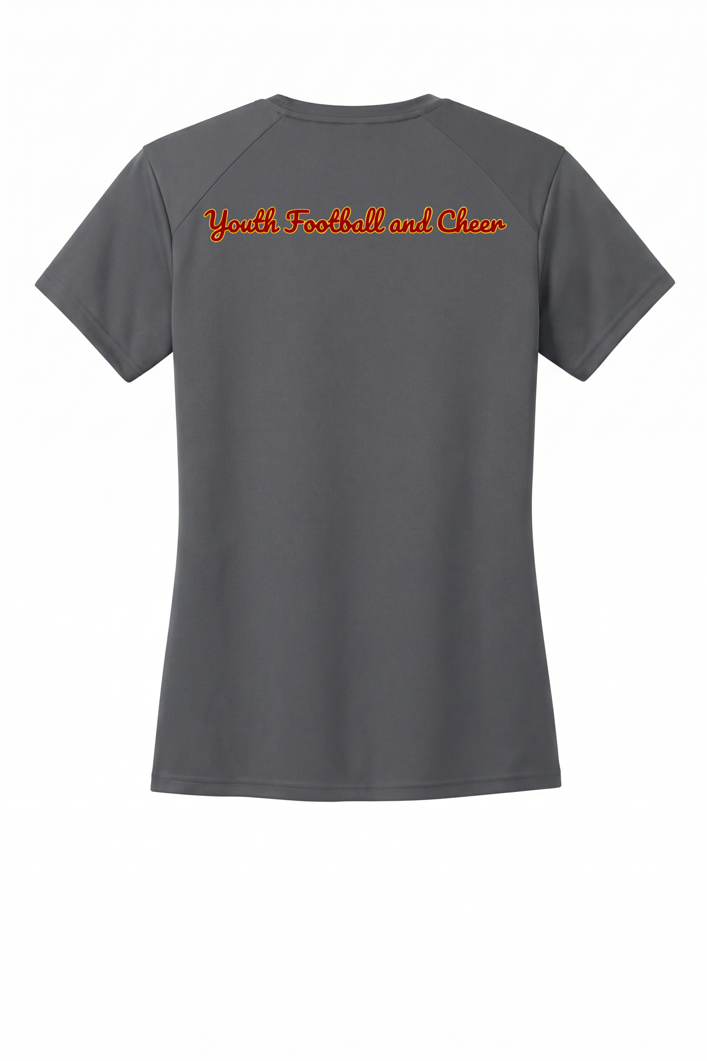 Siskiyou Trojans ladies A4 short sleeve performance crew in graphite, back view, with Youth Football and Cheer across the upper back in the team script