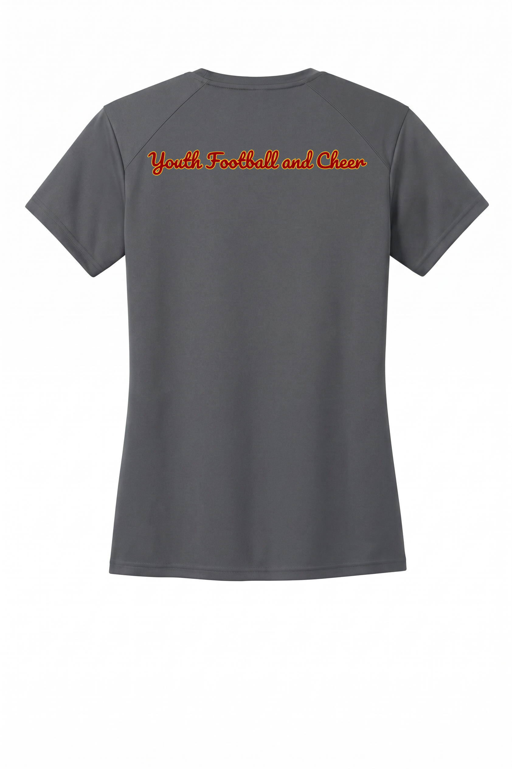 Siskiyou Trojans ladies A4 short sleeve performance crew in graphite, back view, with Youth Football and Cheer across the upper back in the team script