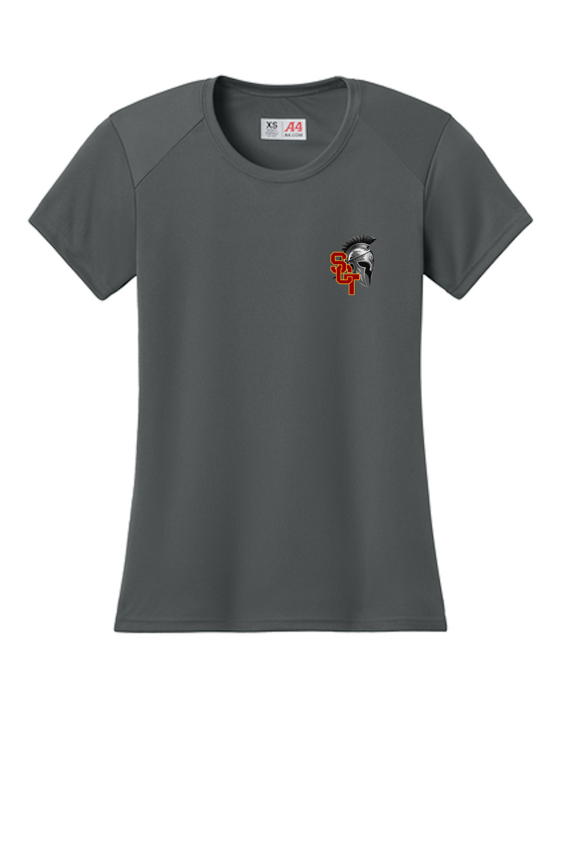 Siskiyou Trojans ladies A4 short sleeve performance crew in graphite, front view, with the SCT Spartan helmet crest printed on the left chest
