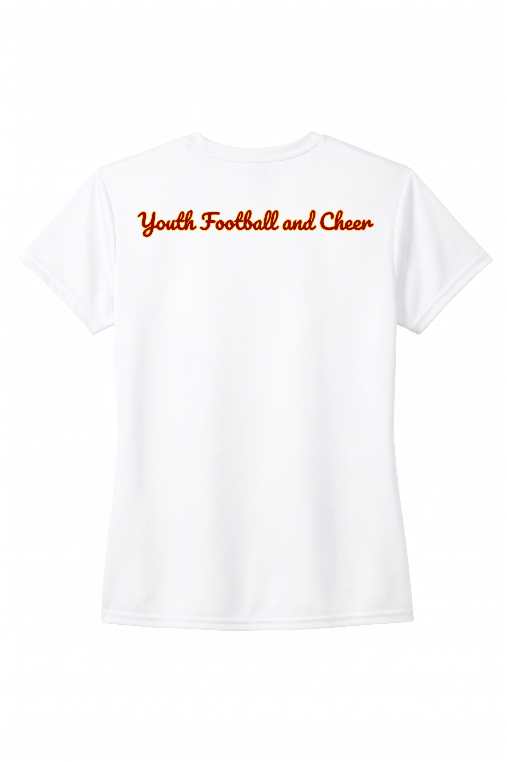 Siskiyou Trojans ladies A4 short sleeve performance crew in white, back view, with Youth Football and Cheer across the upper back in the team script
