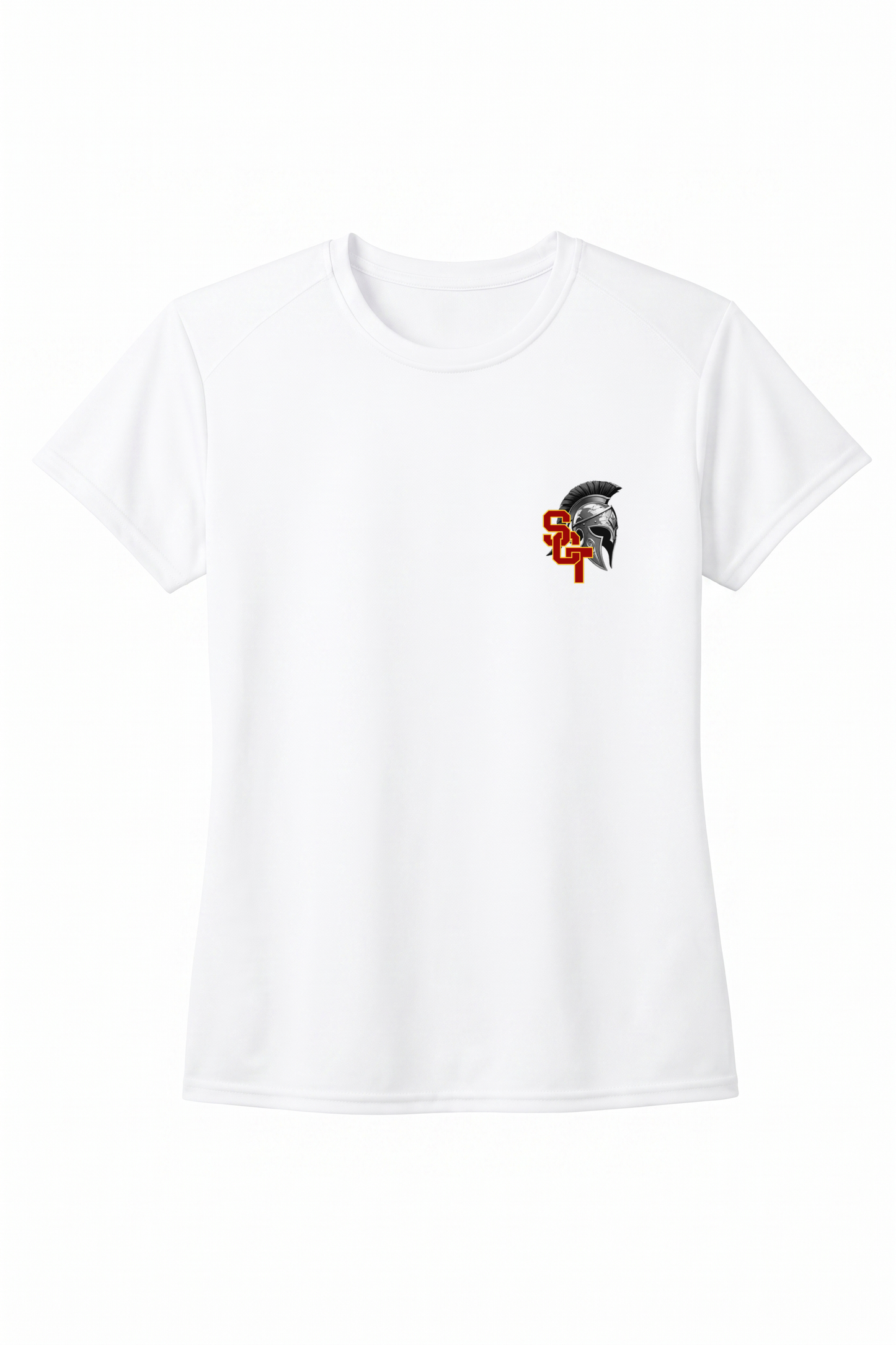 Siskiyou Trojans ladies A4 short sleeve performance crew in white, front view, with the SCT Spartan helmet crest printed on the left chest