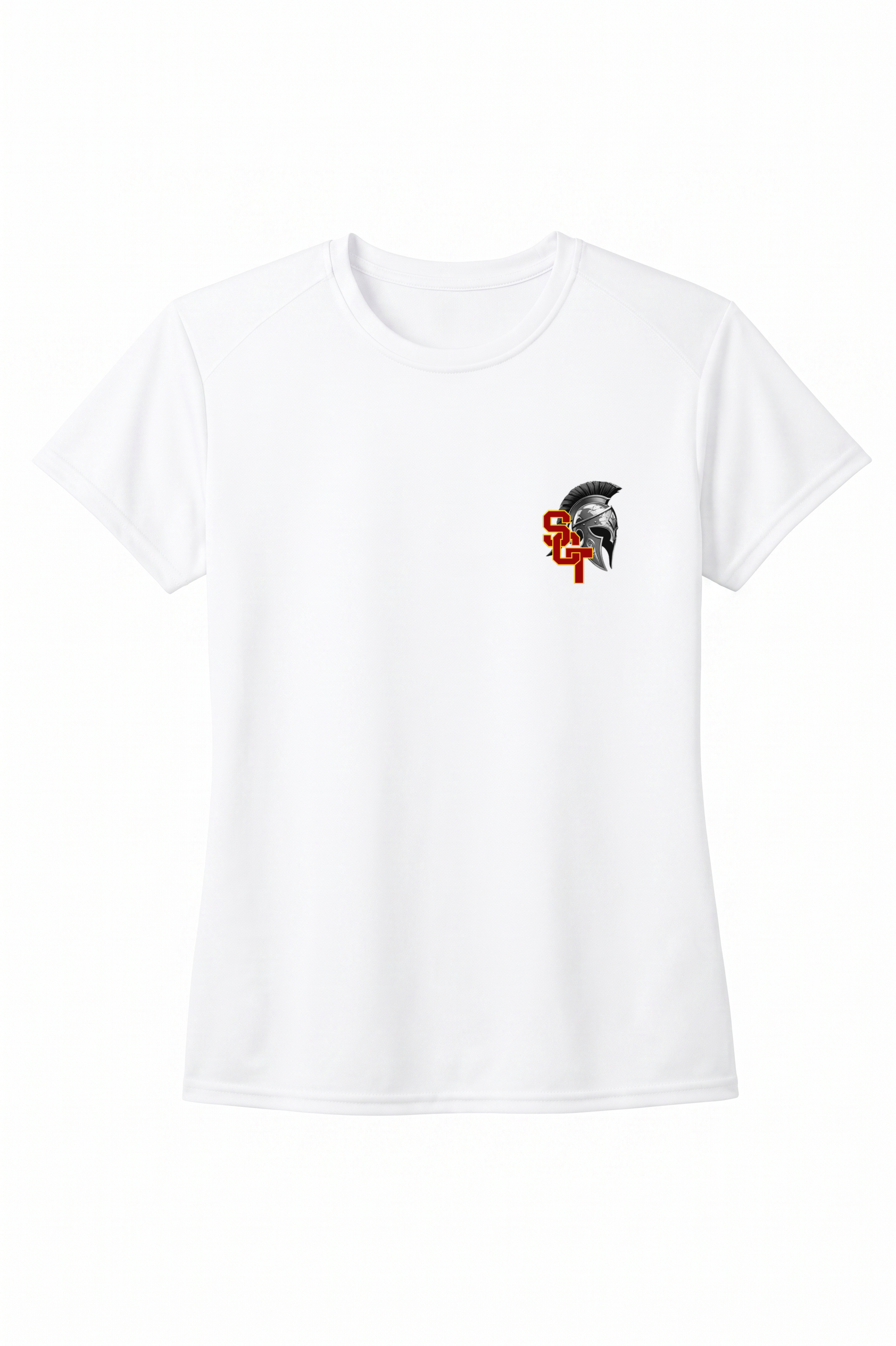 Siskiyou Trojans ladies A4 short sleeve performance crew in white, front view, with the SCT Spartan helmet crest printed on the left chest