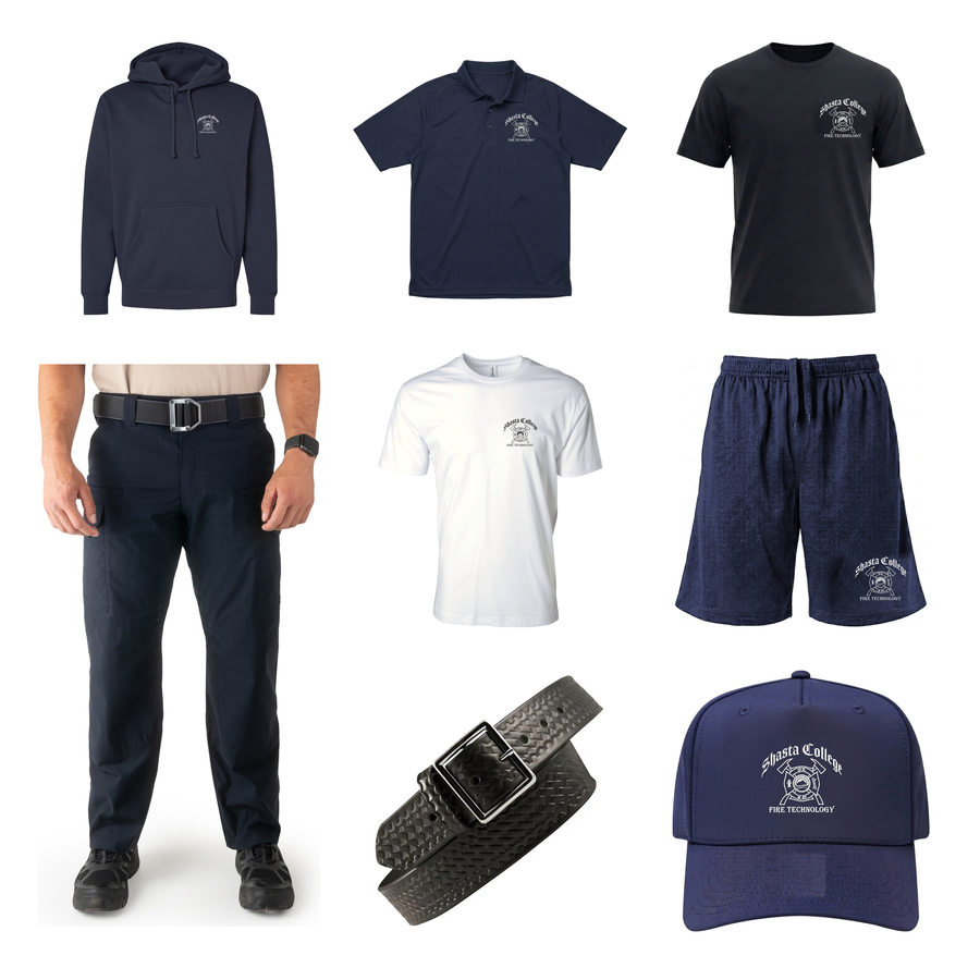Shasta College Modular Fire Academy cadet uniform kit: navy hoodie, navy performance polo, navy t-shirt, V2 tactical pants, white PT shirt, navy PT shorts, black basketweave duty belt and navy 5-panel hat