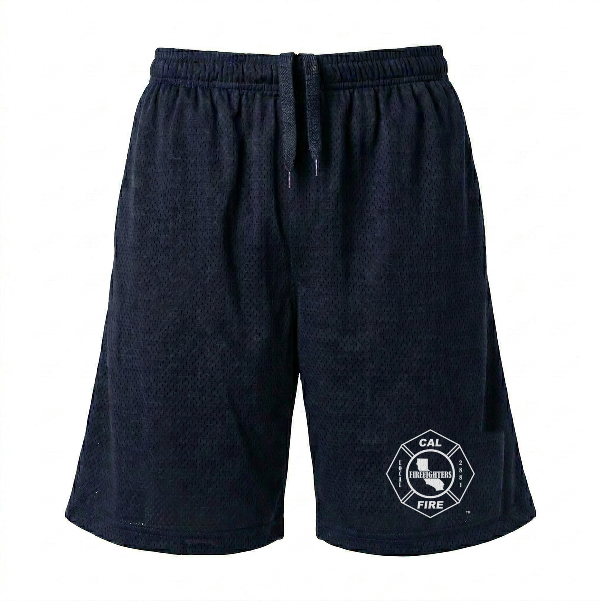 Navy mesh CAL FIRE PT shorts, front view with the white-outline L2881 Maltese cross printed on the lower left leg.