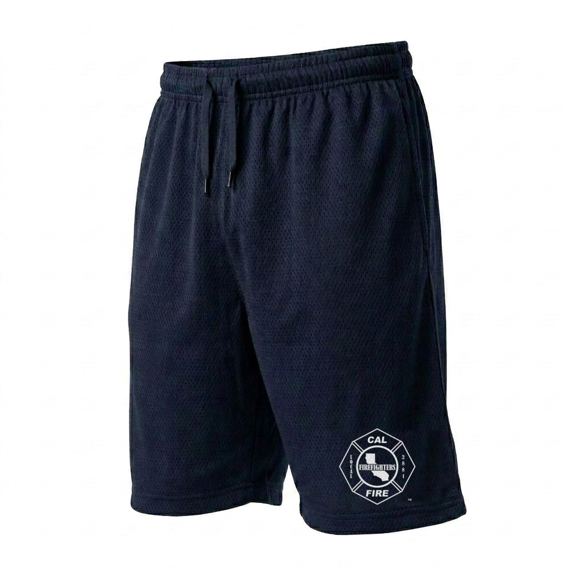 Navy mesh PT shorts at a slight angle showing the white-outline L2881 Maltese cross on the left leg.