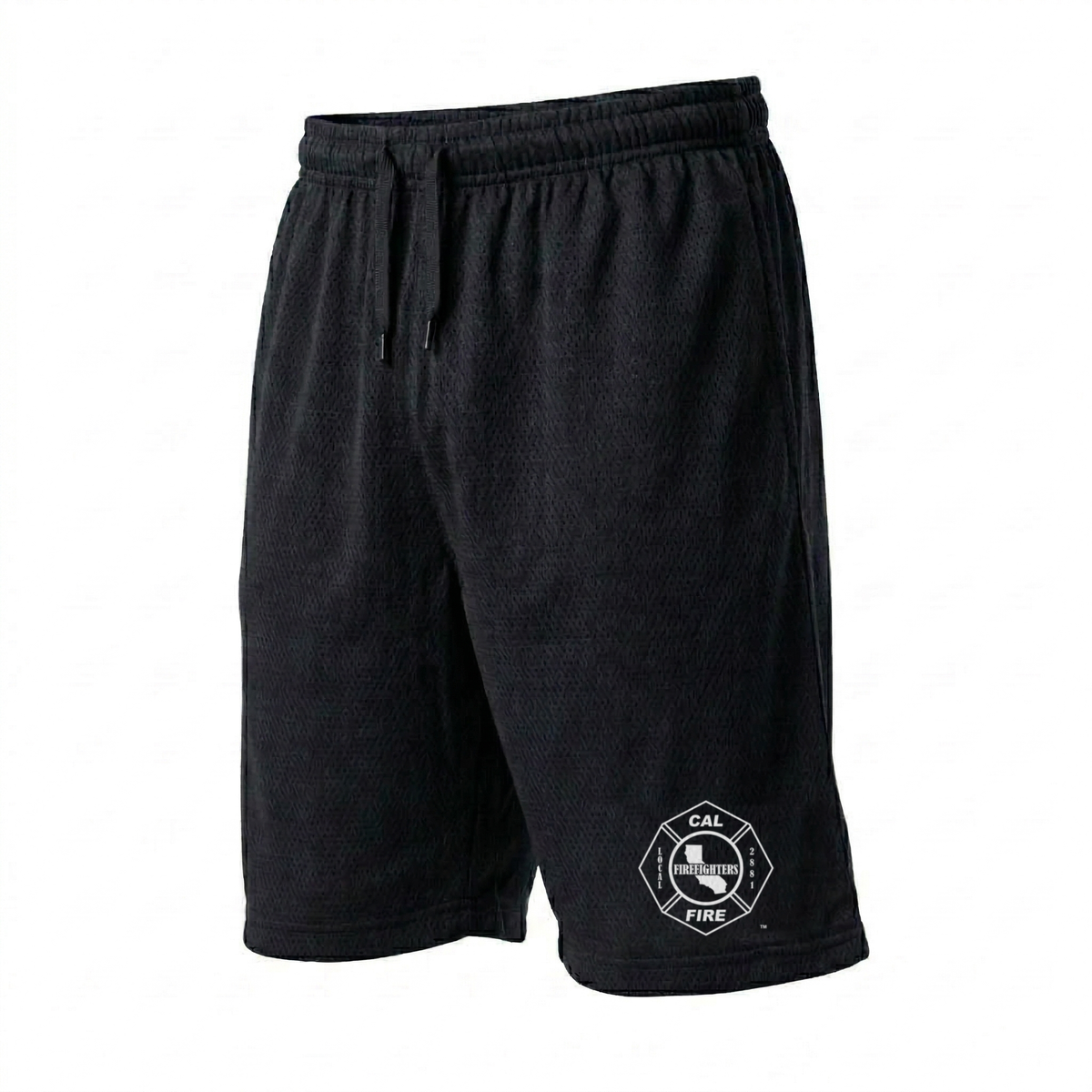 Black mesh CAL FIRE PT shorts, front angle with the white-outline L2881 Maltese cross on the lower left leg.
