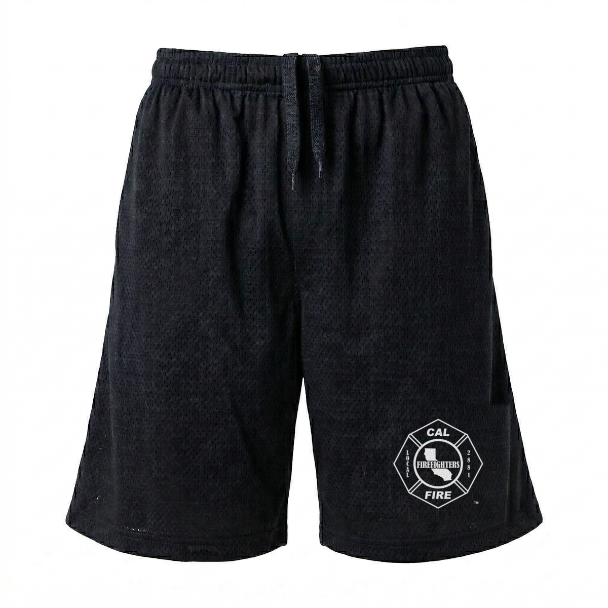 Black mesh PT shorts in three-quarter view with the white-outline L2881 Maltese cross on the lower left leg.