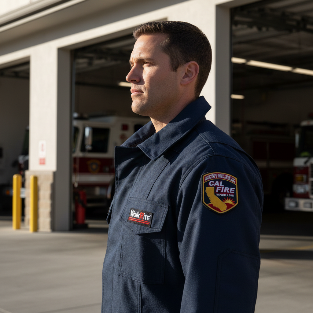 Side profile of firefighter at station with CAL FIRE patch