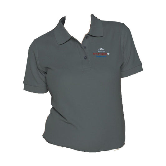 COS Womens Performance Polo - charcoal gray with Siskiyous EMS Program Instructor embroidered logo (white Siskiyous + mountain, red EMS Program, blue Instructor) - front view