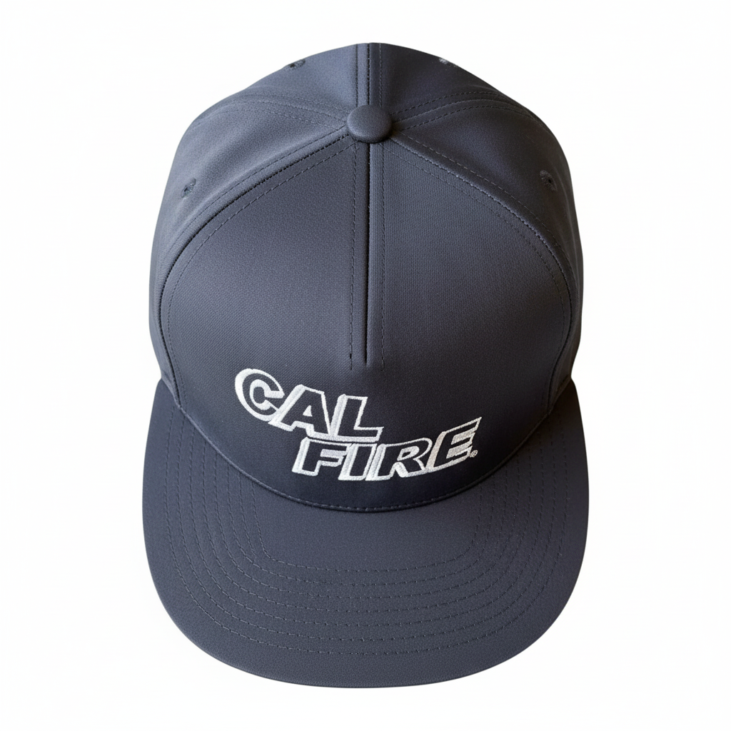 Top-down view of Bucket Brigade Hat - White Text