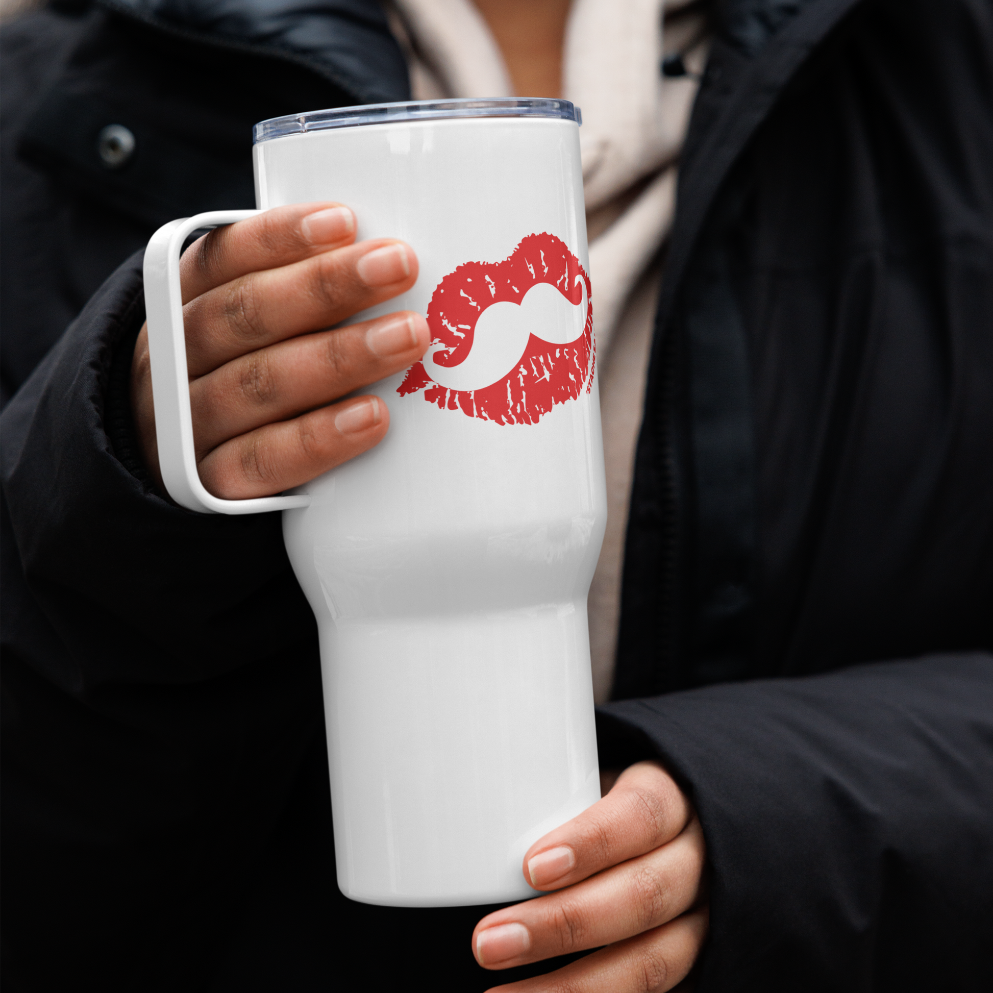 Stache Salt Salty Jane Lips Travel Mug in White — side view
