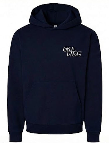 Navy blue hoodie with a logo on the chest against a white background
