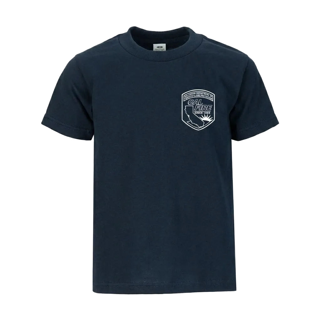 Navy CAL FIRE Pro Club Comfort short-sleeve t-shirt — CAL FIRE patch crest, front view (placeholder).