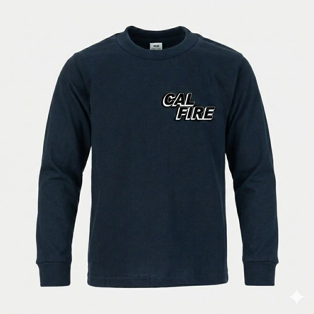 Navy long-sleeve tee, flat front, with a white-outlined stacked CAL FIRE wordmark and black drop shadow on the left chest.
