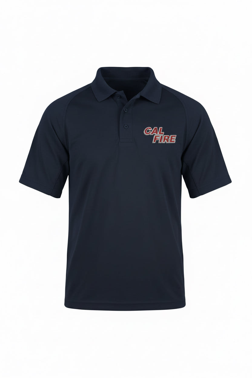 Navy performance polo laid flat from the front, showing the three-button placket and a red stacked CAL FIRE wordmark on the left chest.