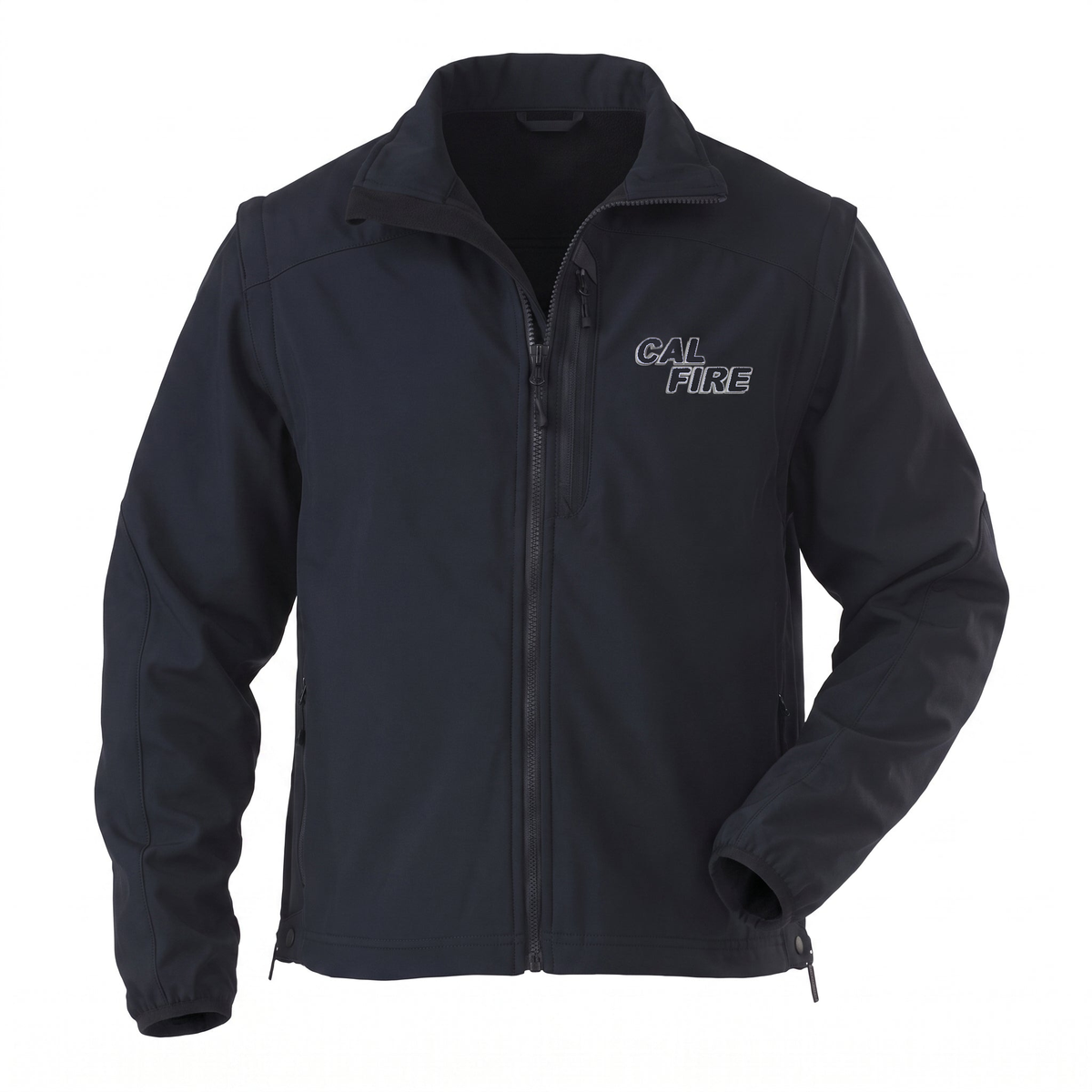 Navy CAL FIRE 5.11 Valiant jacket, front view with the white-outline CAL FIRE wordmark embroidered on the left chest.