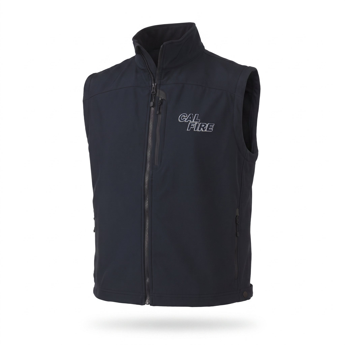 CAL FIRE 5.11 Valiant jacket worn as a vest with sleeves removed, white-outline CAL FIRE wordmark on the left chest.