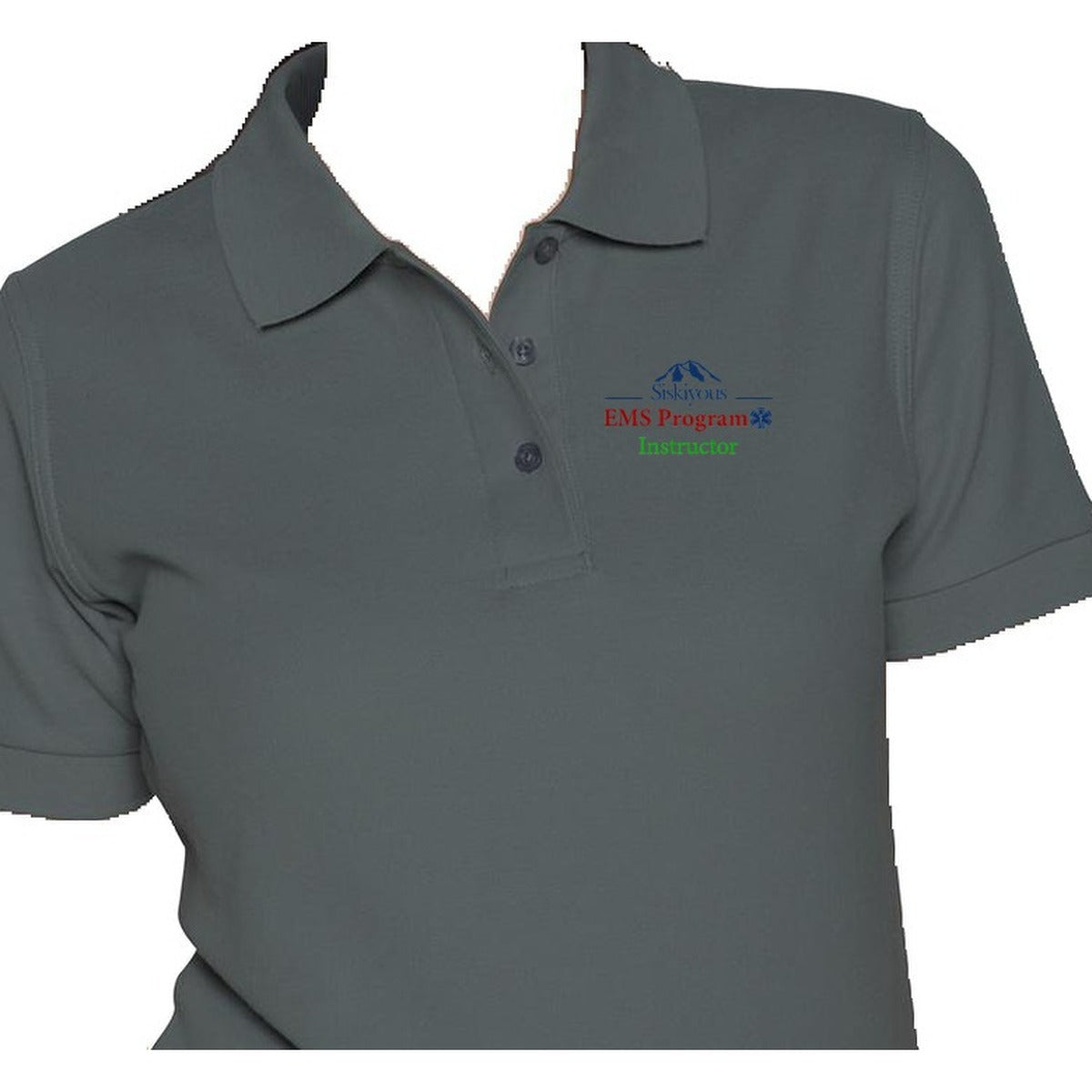 COS Womens Performance Polo - chest closeup showing Siskiyous EMS Instructor logo placement