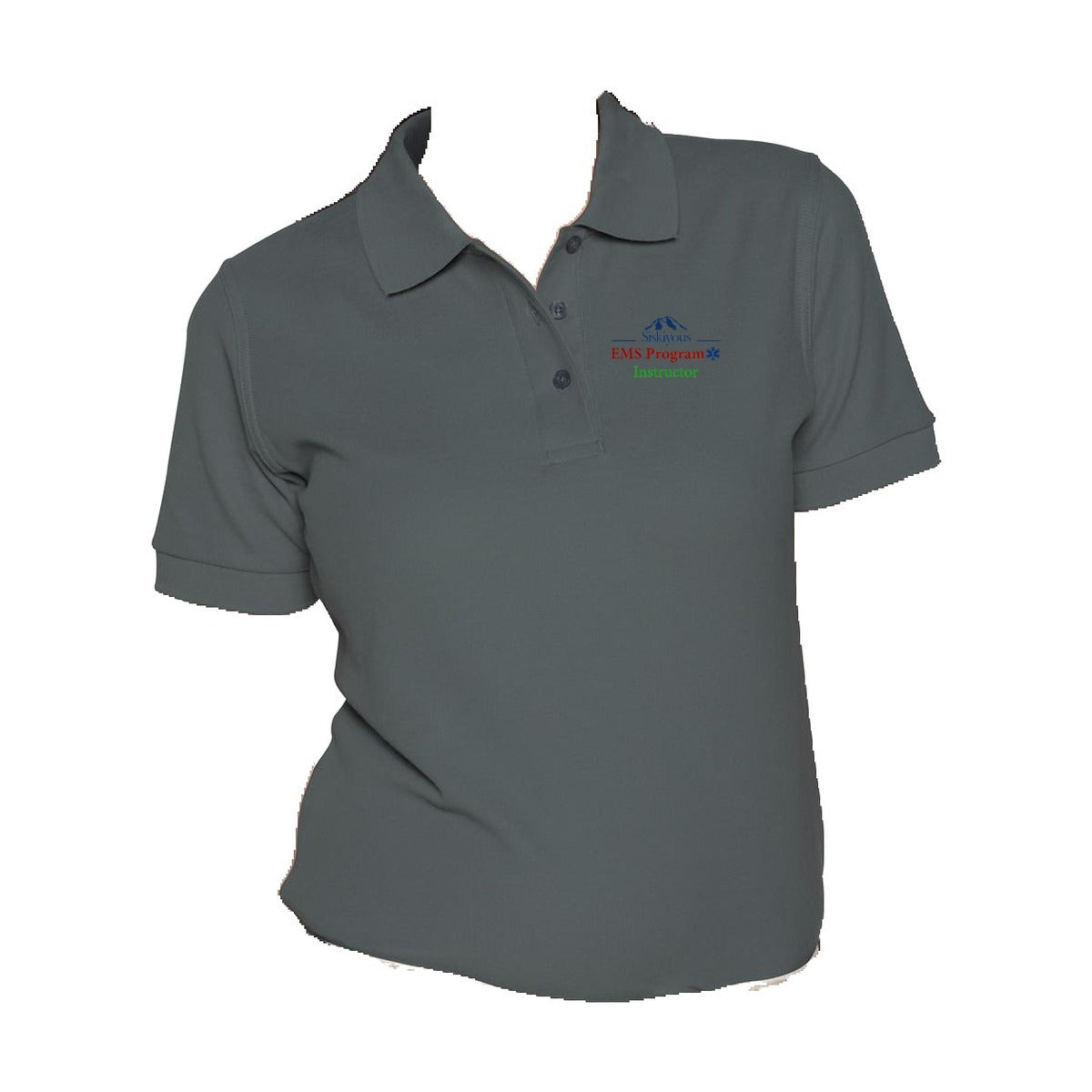 COS Womens Performance Polo - isolated charcoal gray with Siskiyous EMS Instructor logo on left chest - front view