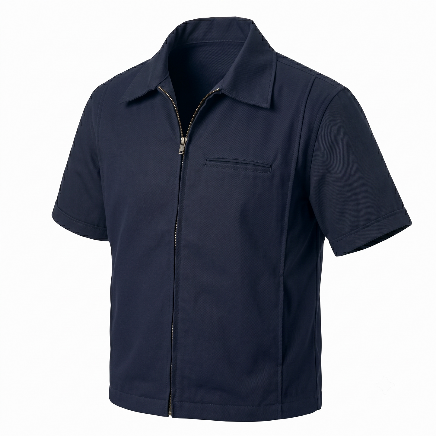 Blank navy WorkRite Nomex IIIA short-sleeve zip-front fire duty shirt, three-quarter angle view, no patches or markings