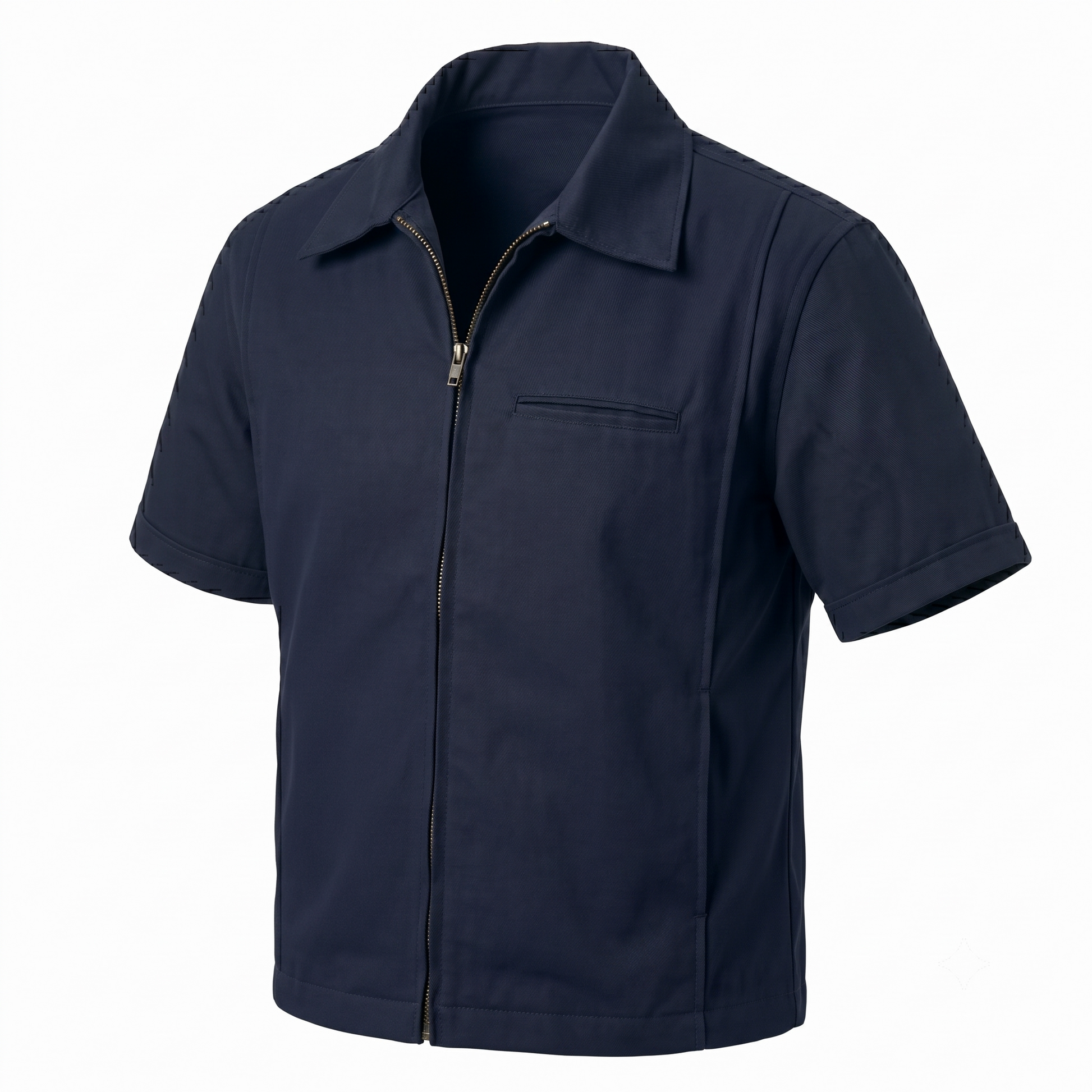 Blank navy WorkRite Nomex IIIA short-sleeve zip-front fire duty shirt, three-quarter angle view, no patches or markings