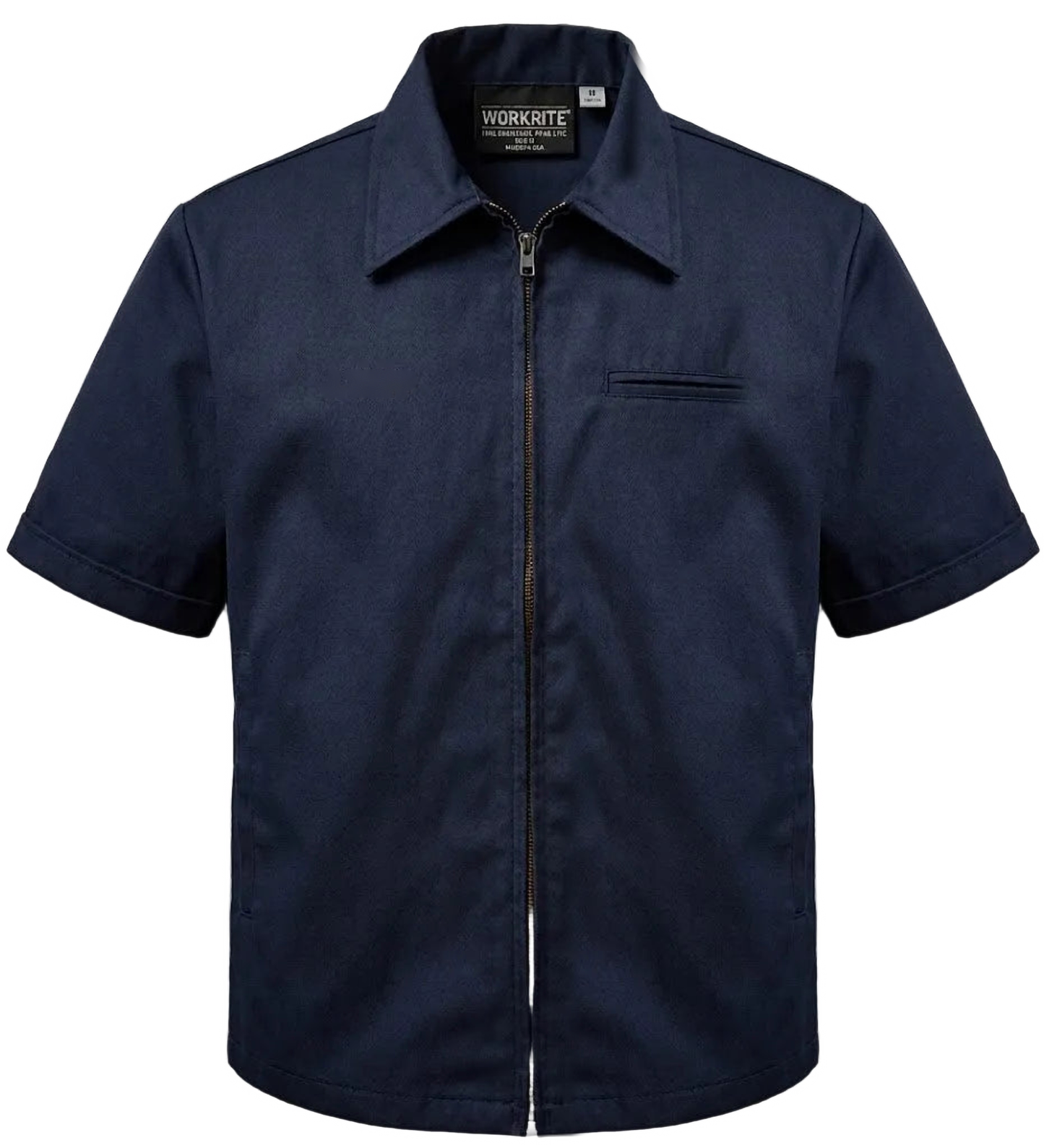 Blank navy WorkRite Nomex IIIA short-sleeve zip-front fire duty shirt, front view, no patches or name