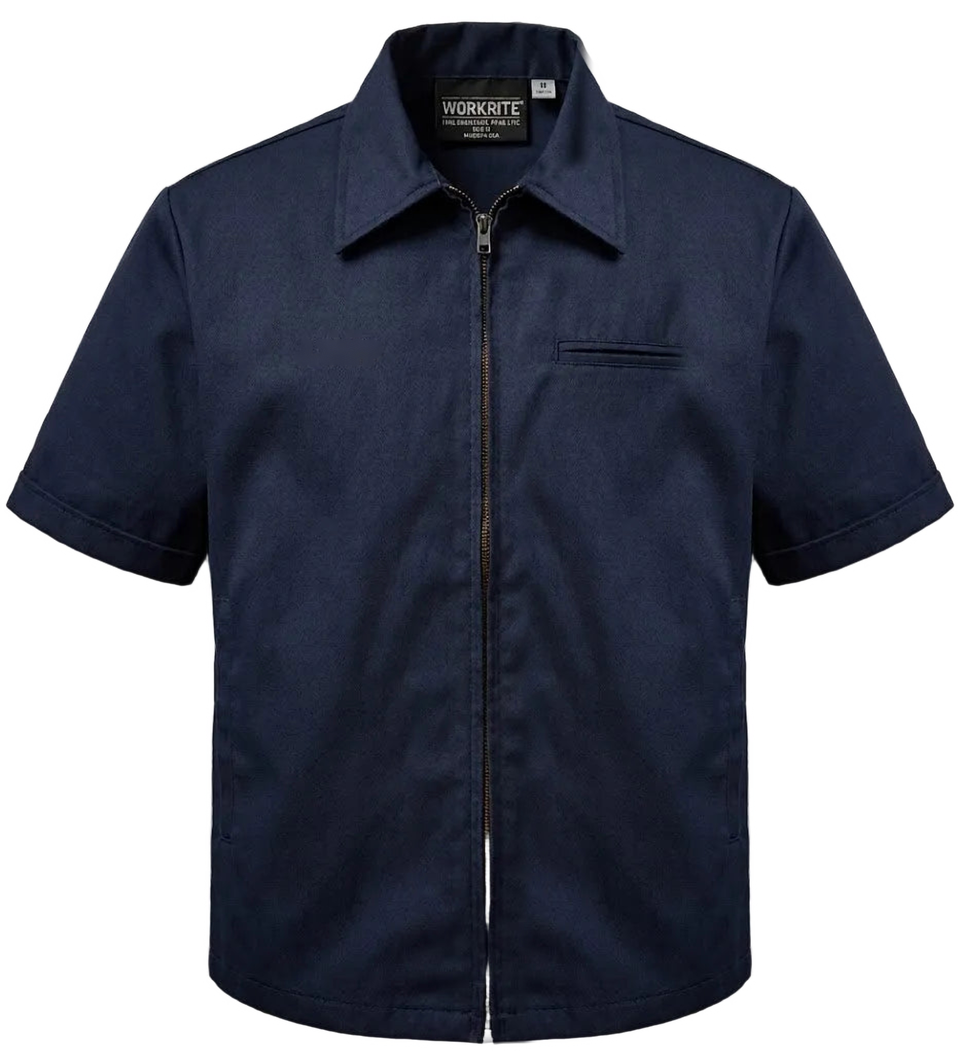 Blank navy WorkRite Nomex IIIA short-sleeve zip-front fire duty shirt, front view, no patches or name