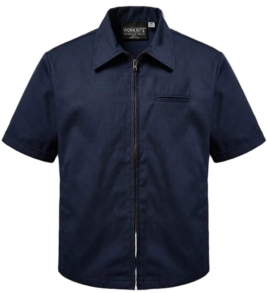 Blank navy WorkRite Nomex IIIA short-sleeve zip-front fire duty shirt, front view, no patches or name