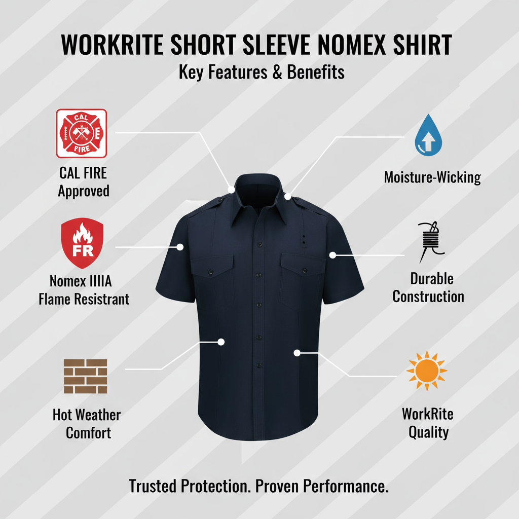 WorkRite Short Sleeve Nomex shirt features - CAL FIRE approved, Nomex IIIA, hot weather comfort