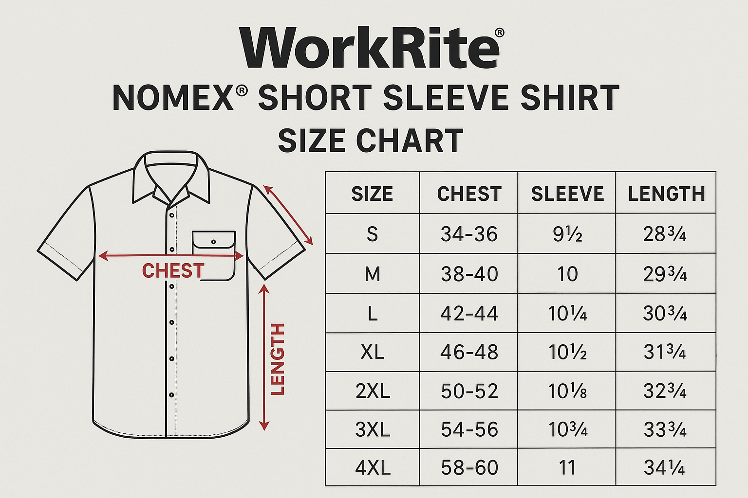 WorkRite Short Sleeve Nomex shirt sizing guide with chest, sleeve, and length measurements