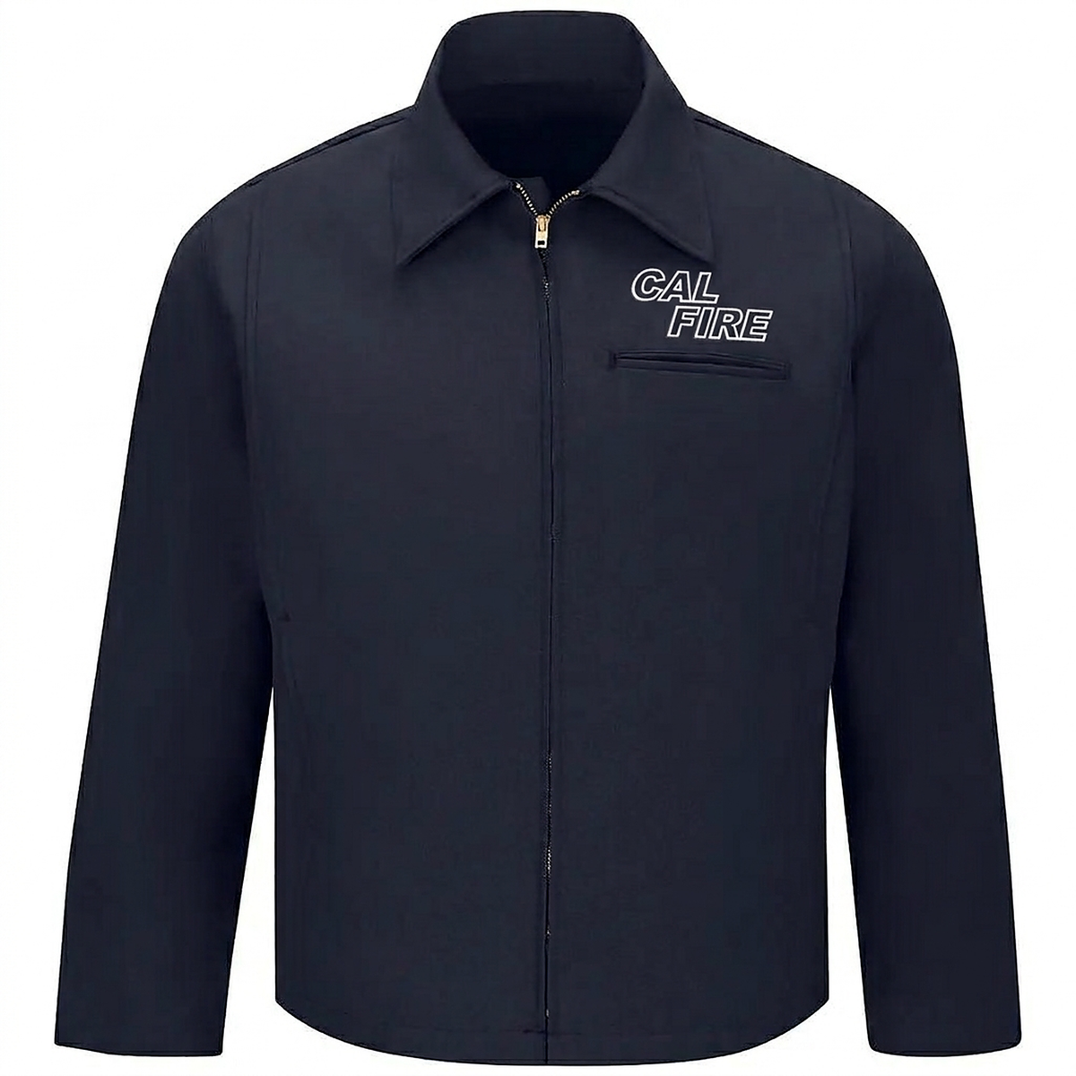 Navy CAL FIRE WorkRite fire service jacket, front view with the white-outline CAL FIRE wordmark on the left chest.