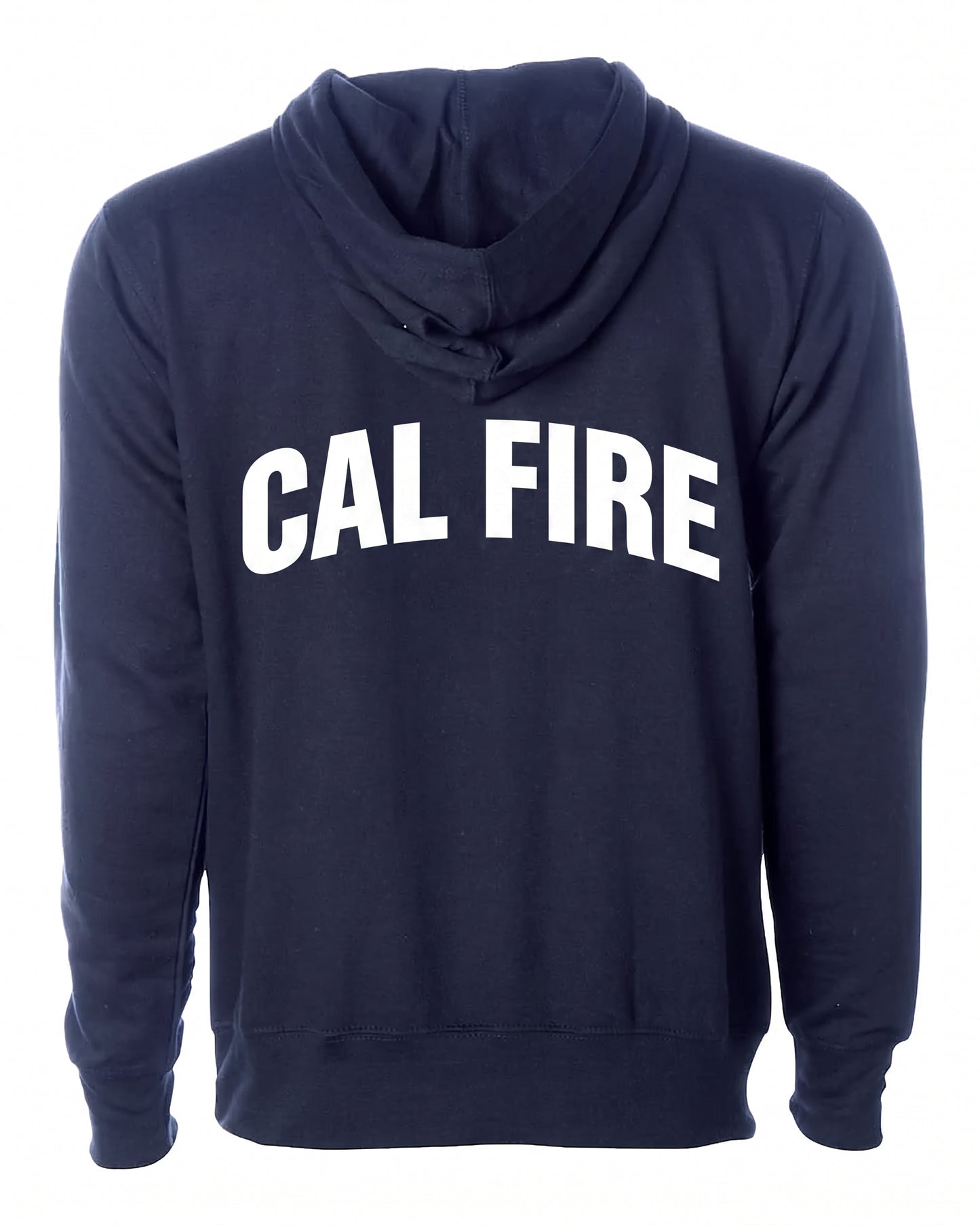 CAL FIRE Midweight Full-Zip Hoodie by Independent in navy, back view, white CAL FIRE wordmark arched across the shoulders