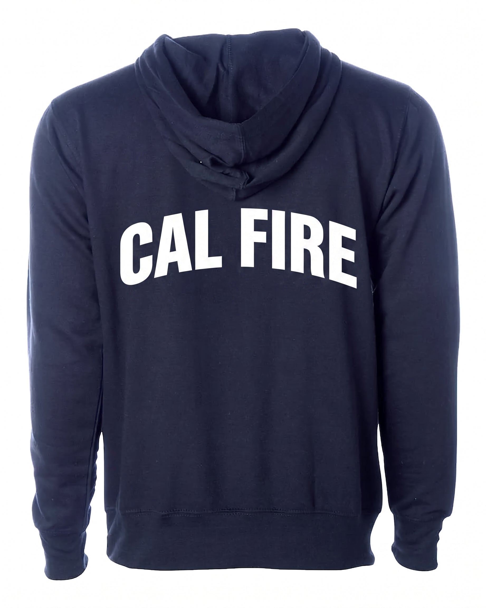 CAL FIRE Midweight Full-Zip Hoodie by Independent in navy, back view, white CAL FIRE wordmark arched across the shoulders