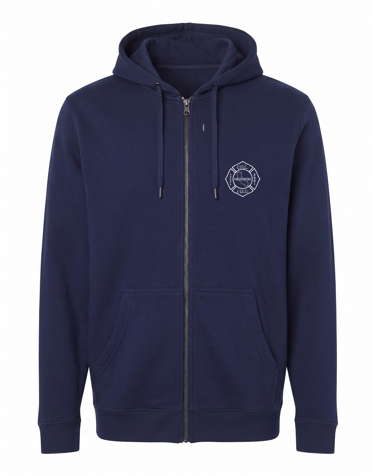 CAL FIRE Midweight Full-Zip Hoodie by Independent in navy, front view, white Firefighters Local 2881 maltese-cross chest logo