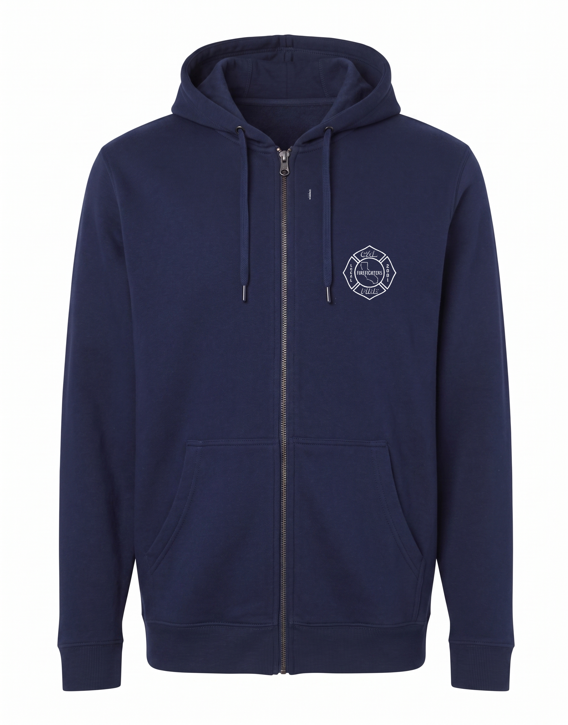 CAL FIRE Midweight Full-Zip Hoodie by Independent in navy, front view, white Firefighters Local 2881 maltese-cross chest logo