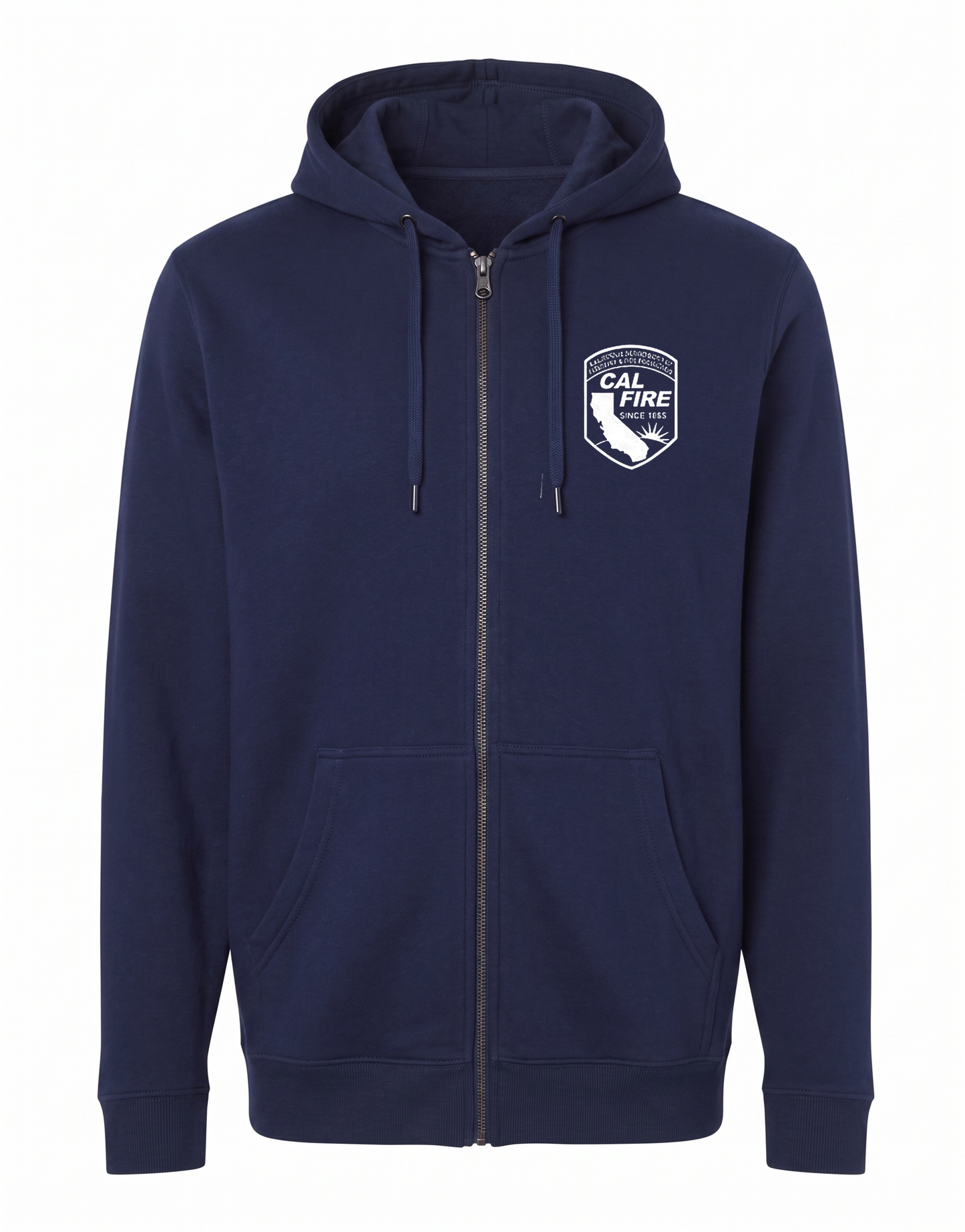 CAL FIRE Midweight Full-Zip Hoodie by Independent in navy, front view, white CAL FIRE arrowhead shield crest on the chest