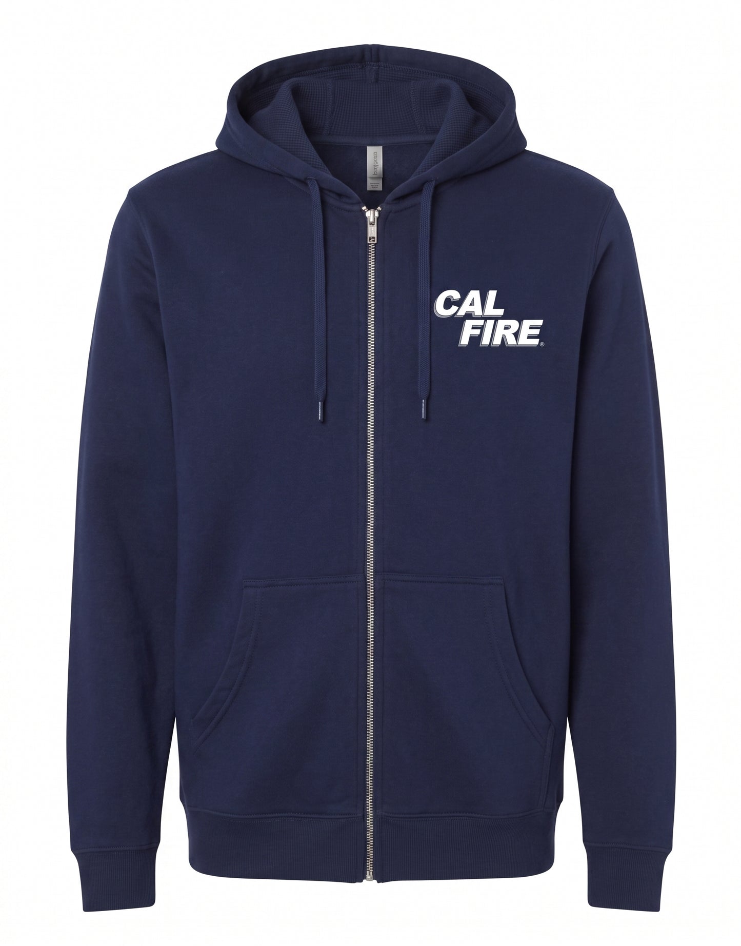 CAL FIRE Midweight Full-Zip Hoodie by Independent in navy, front view, white CAL FIRE chest wordmark